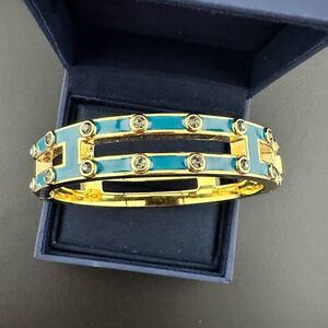 J. CREW Teal blue green Enamel with crystals hinge cuff gold tone 6.75